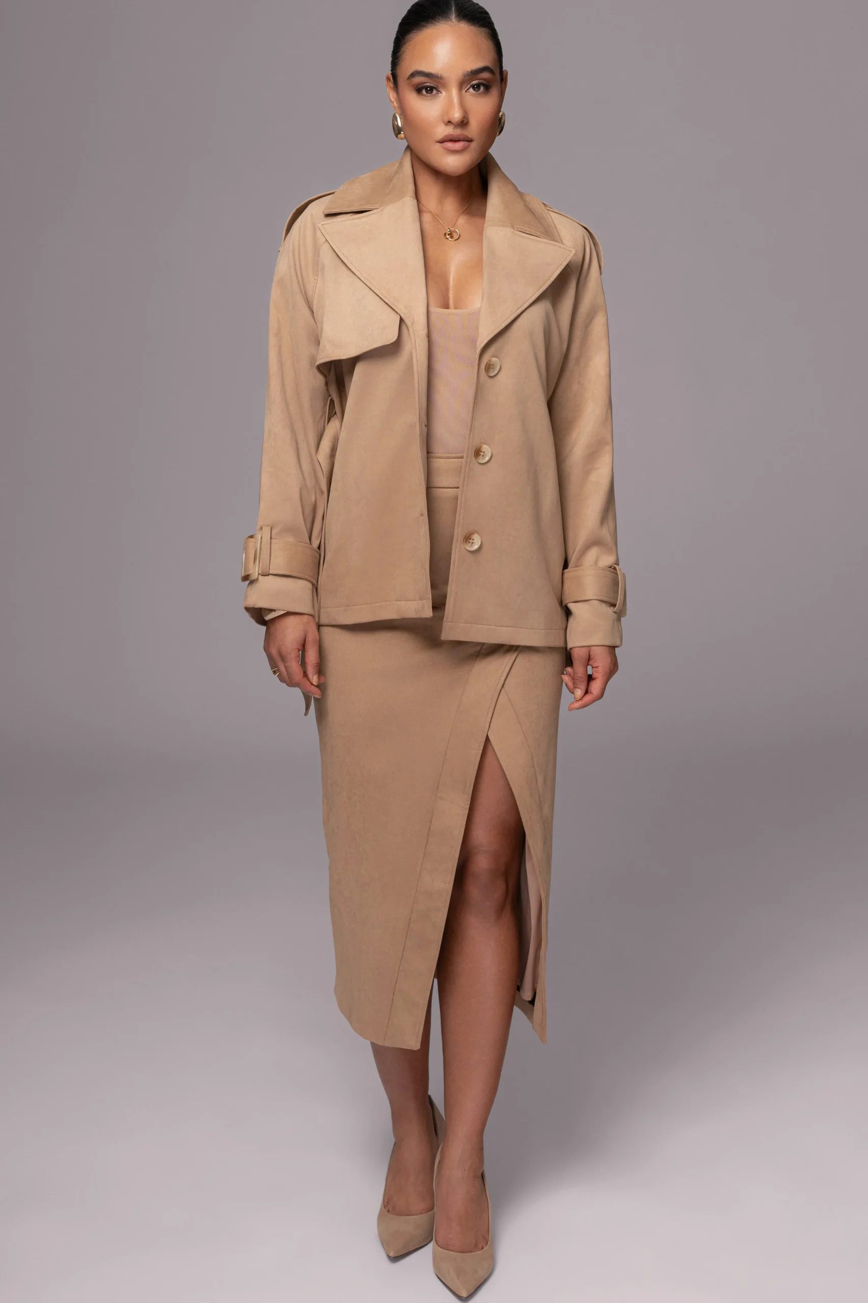 Beige Audrey Suede Midi Skirt