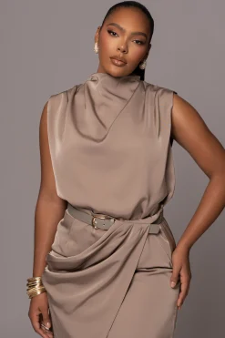 Beige Desiree Mock Neck Top