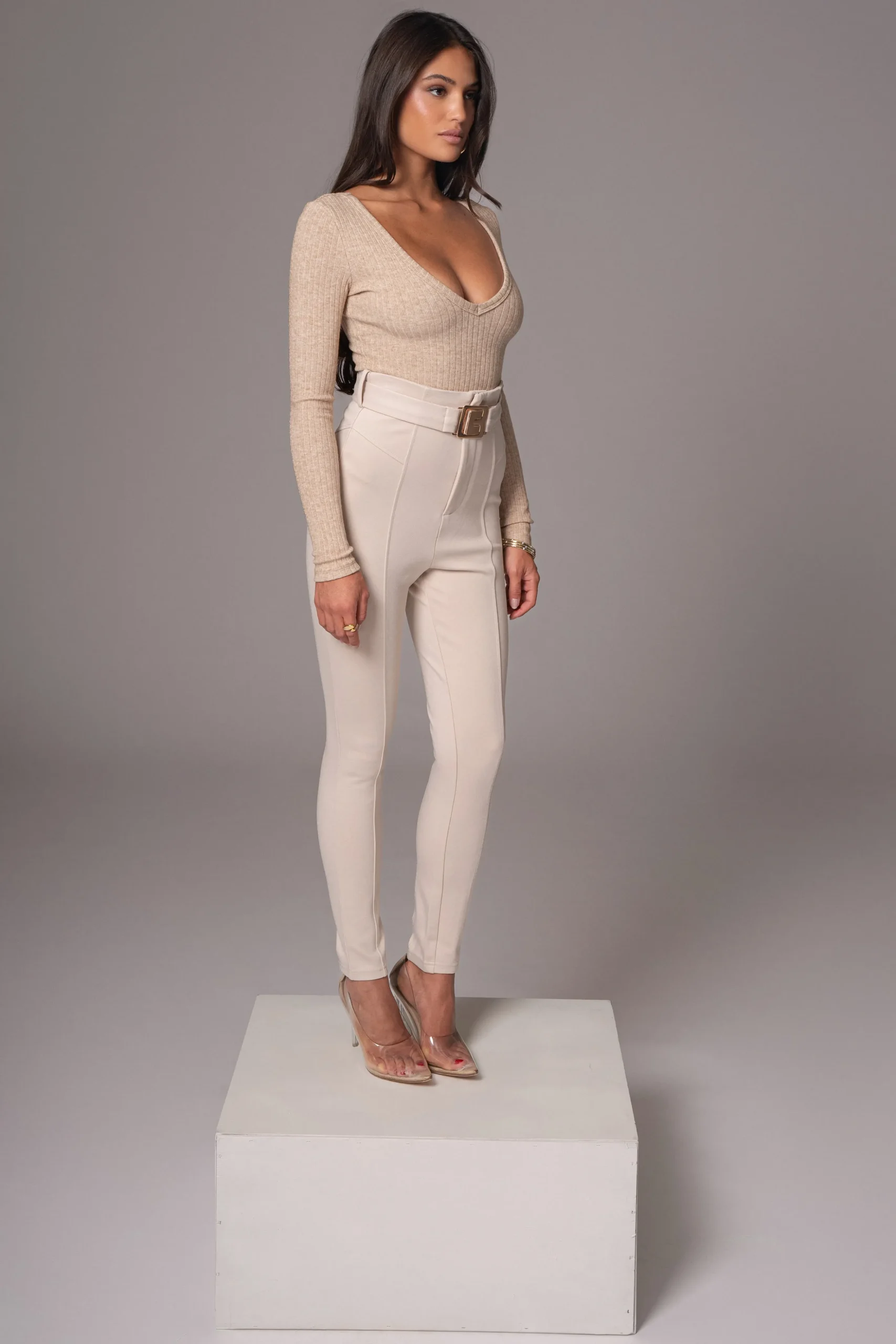 Beige Golden Buckled Pants