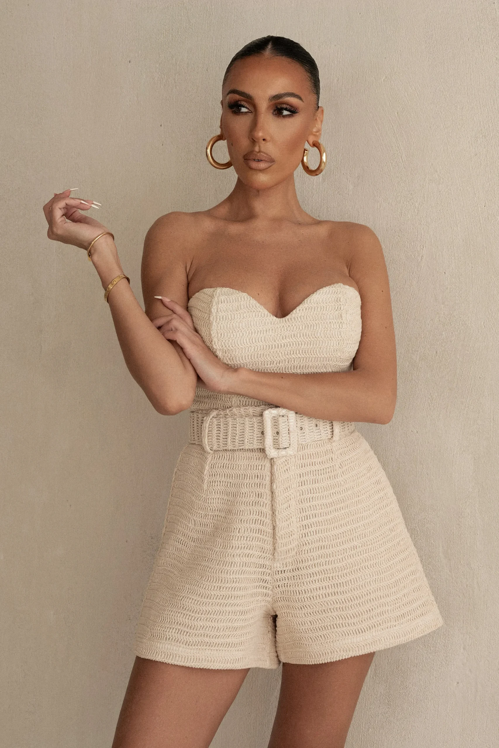 Beige Kelsie Belted Shorts