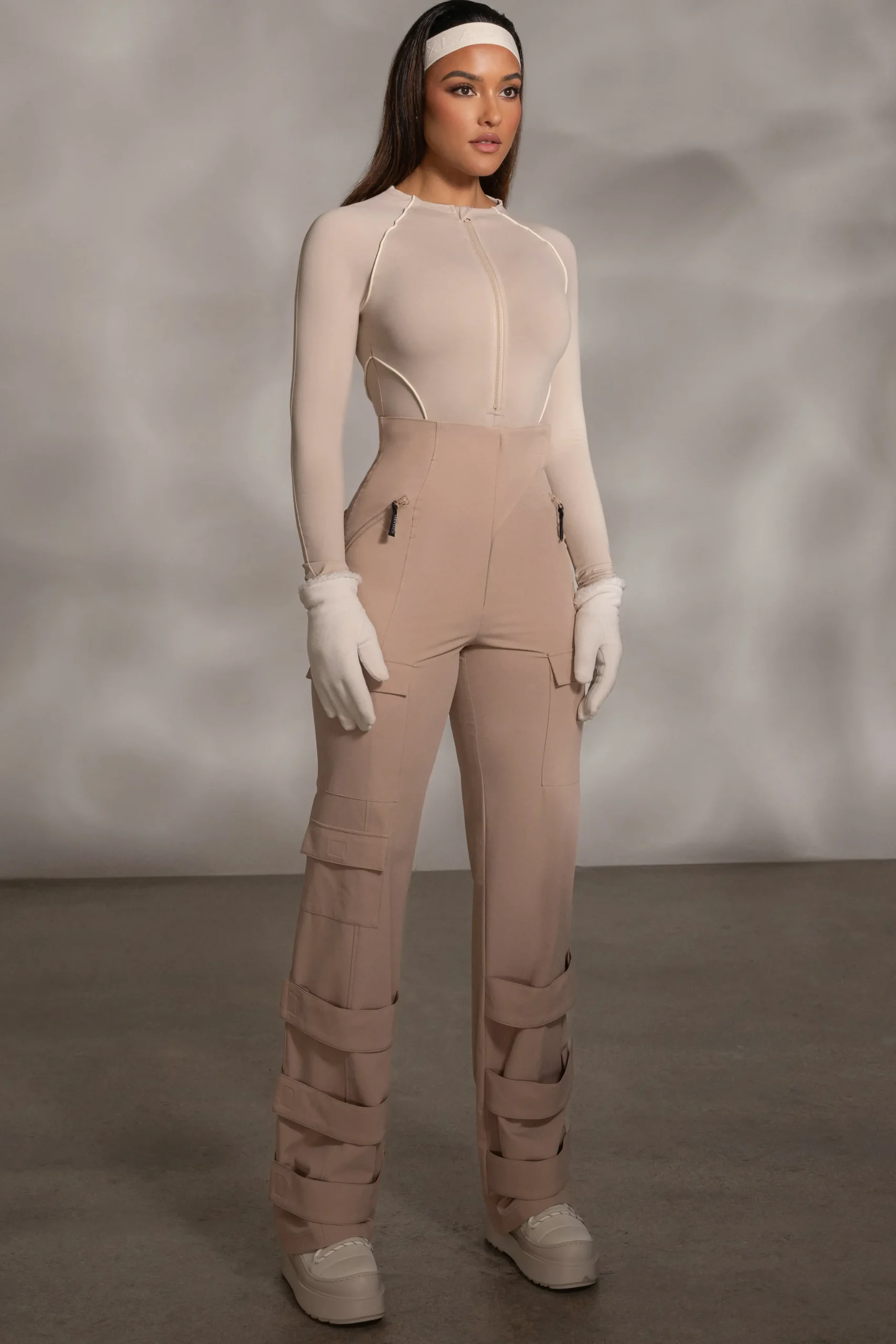 Beige Rise Up Zip Front Bodysuit