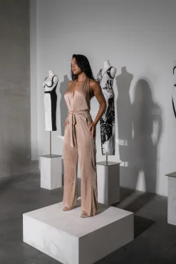 Beige Slinky Halter Belted Jumpsuit