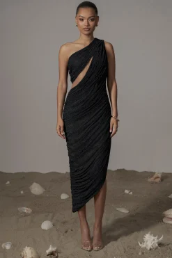 Black Aura Shimmer Midi Dress