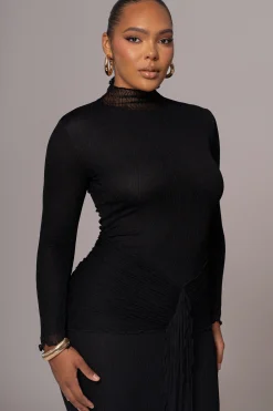 Black Drape Mock Neck Dress