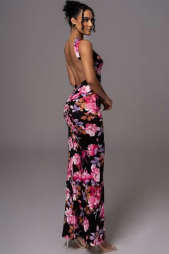 Black Floral JLUXBASIX FRONT AND CENTER MAXI DRESS
