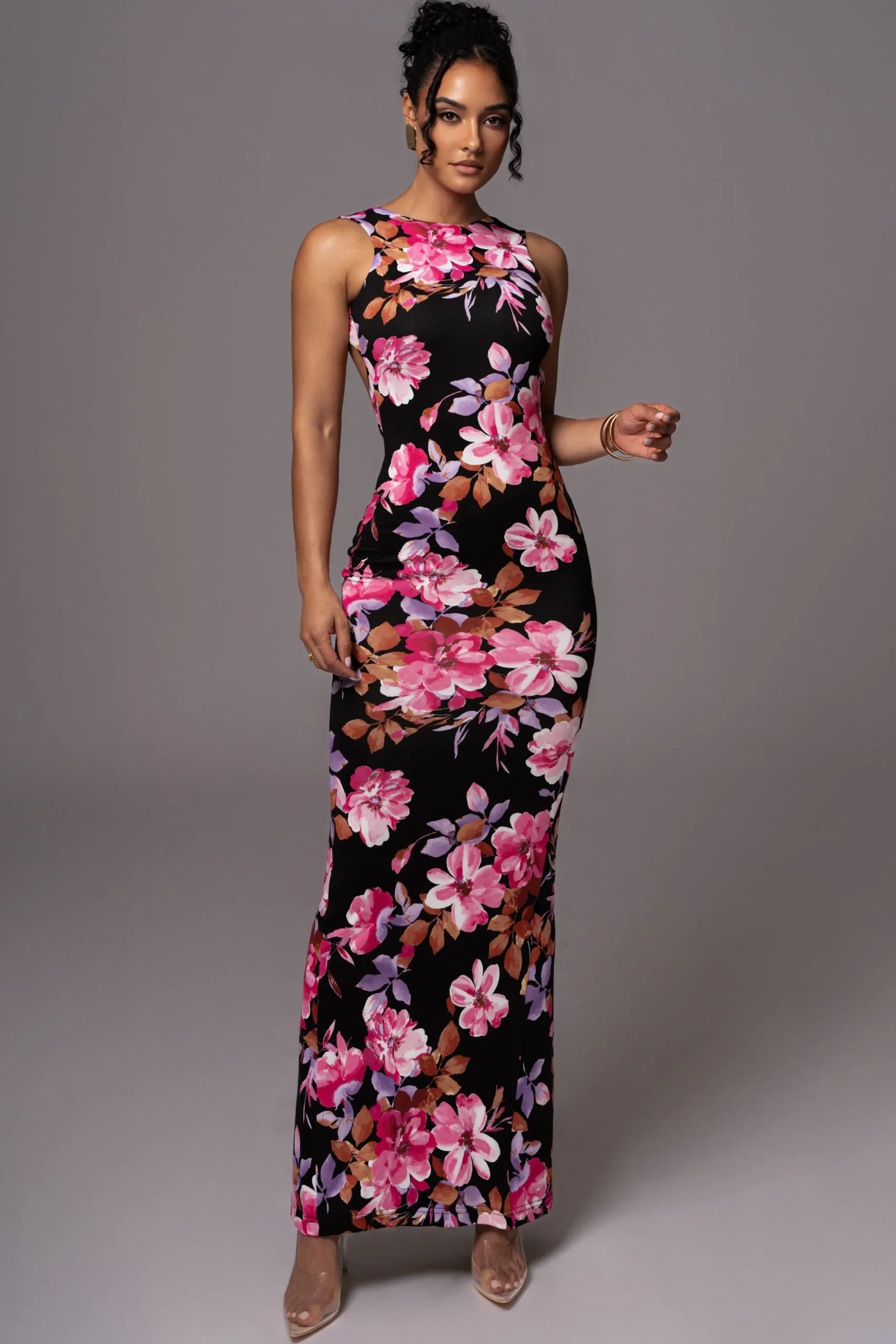 Black Floral JLUXBASIX FRONT AND CENTER MAXI DRESS