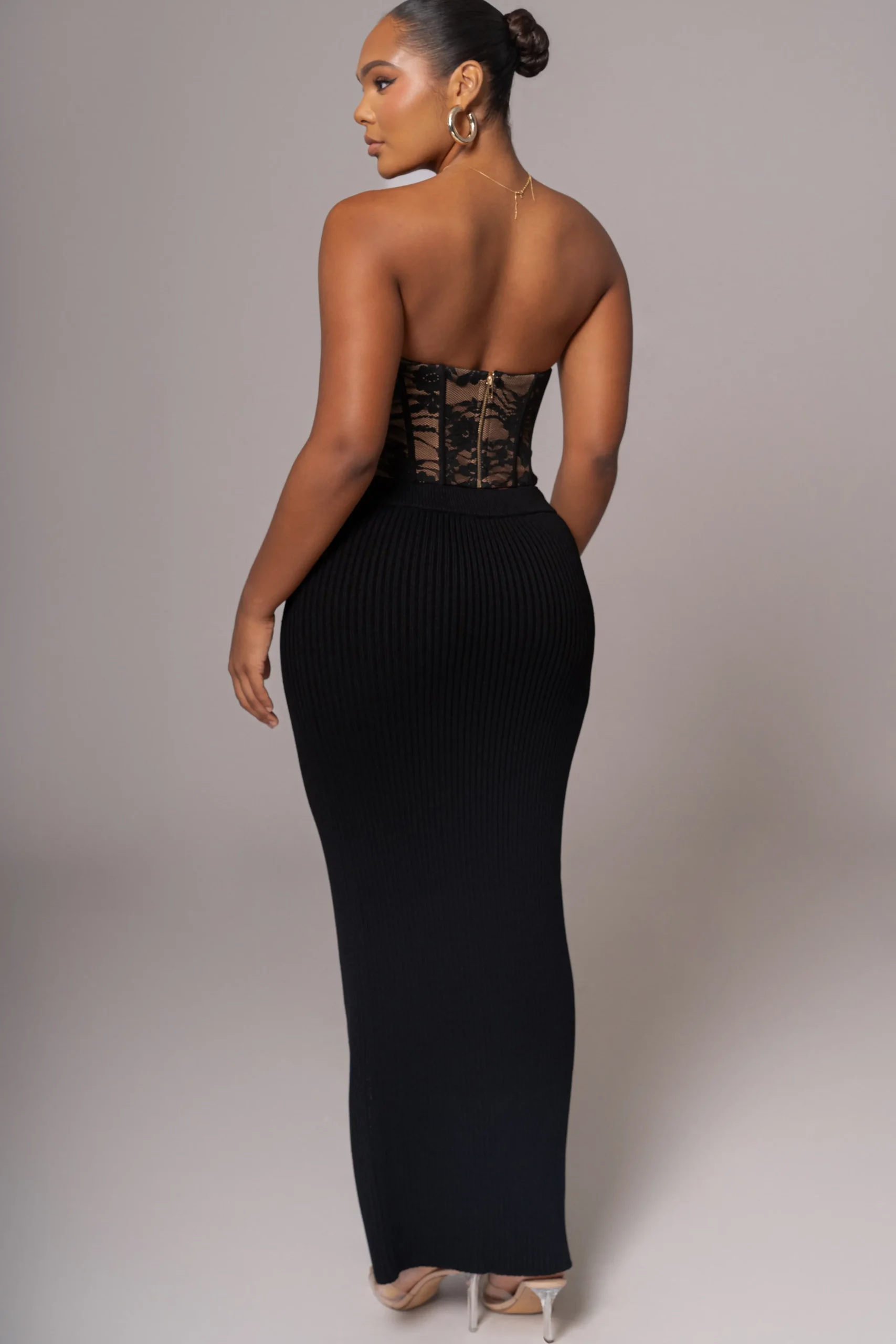 Black Hamptons Ribbed Slit Skirt