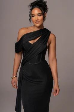 Black Metallic Celestina Draped Maxi Dress