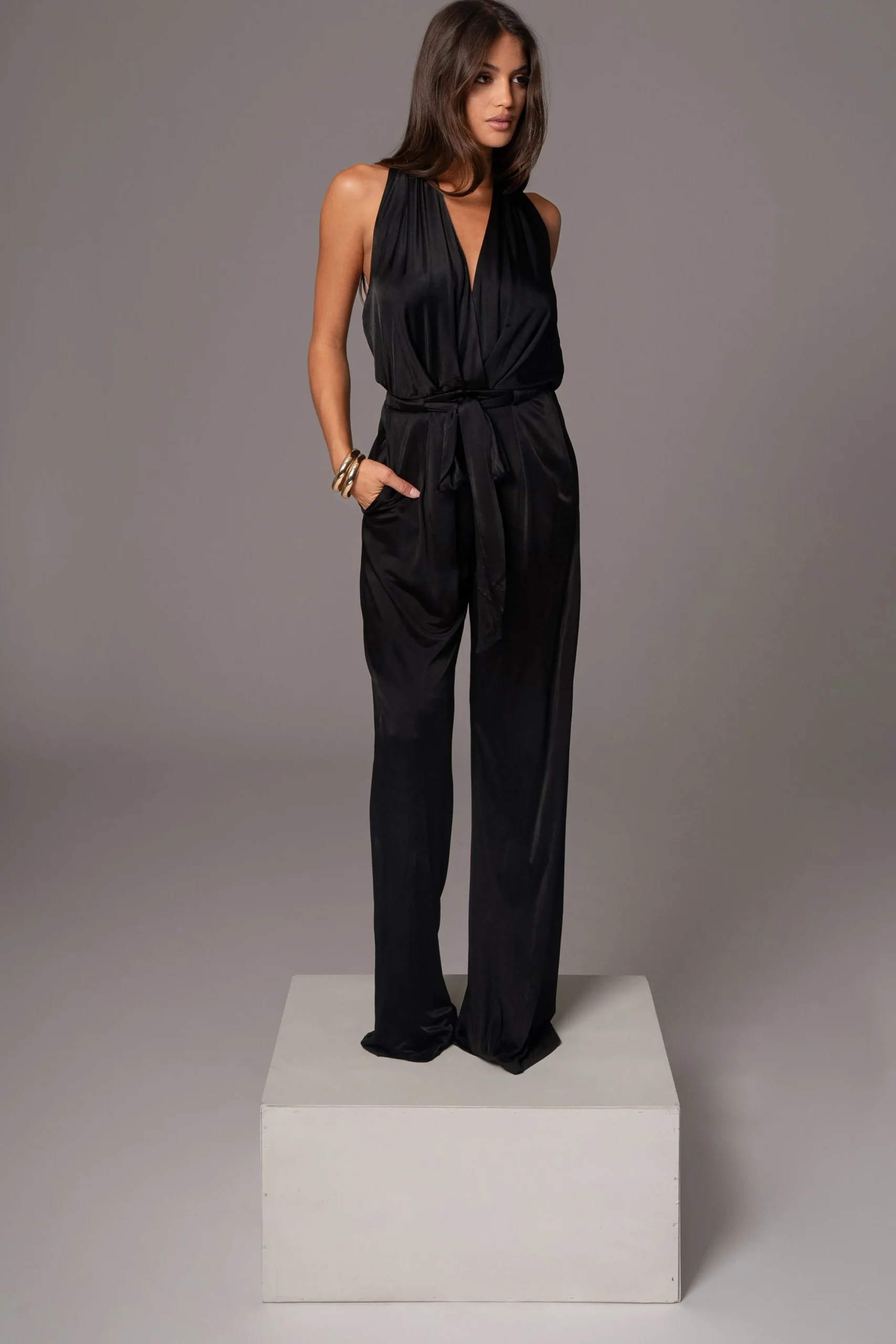 Black Slinky Halter Belted Jumpsuit