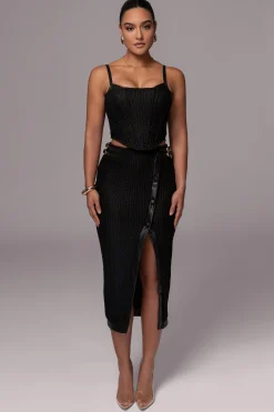 Black Textured Mystique Midi Skirt