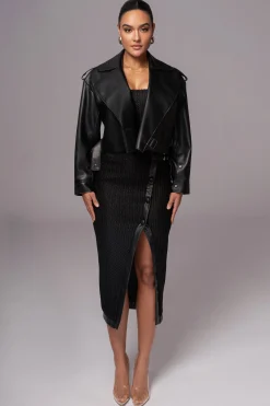 Black Textured Mystique Midi Skirt
