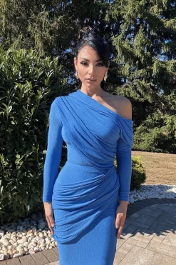 Blue Textured One Shoulder Bodysuit