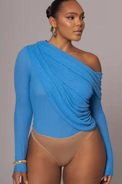 Blue Textured One Shoulder Bodysuit