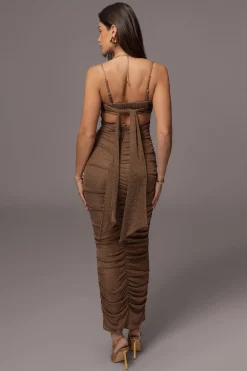 Bronze Ruched Metallic Maxi Dress
