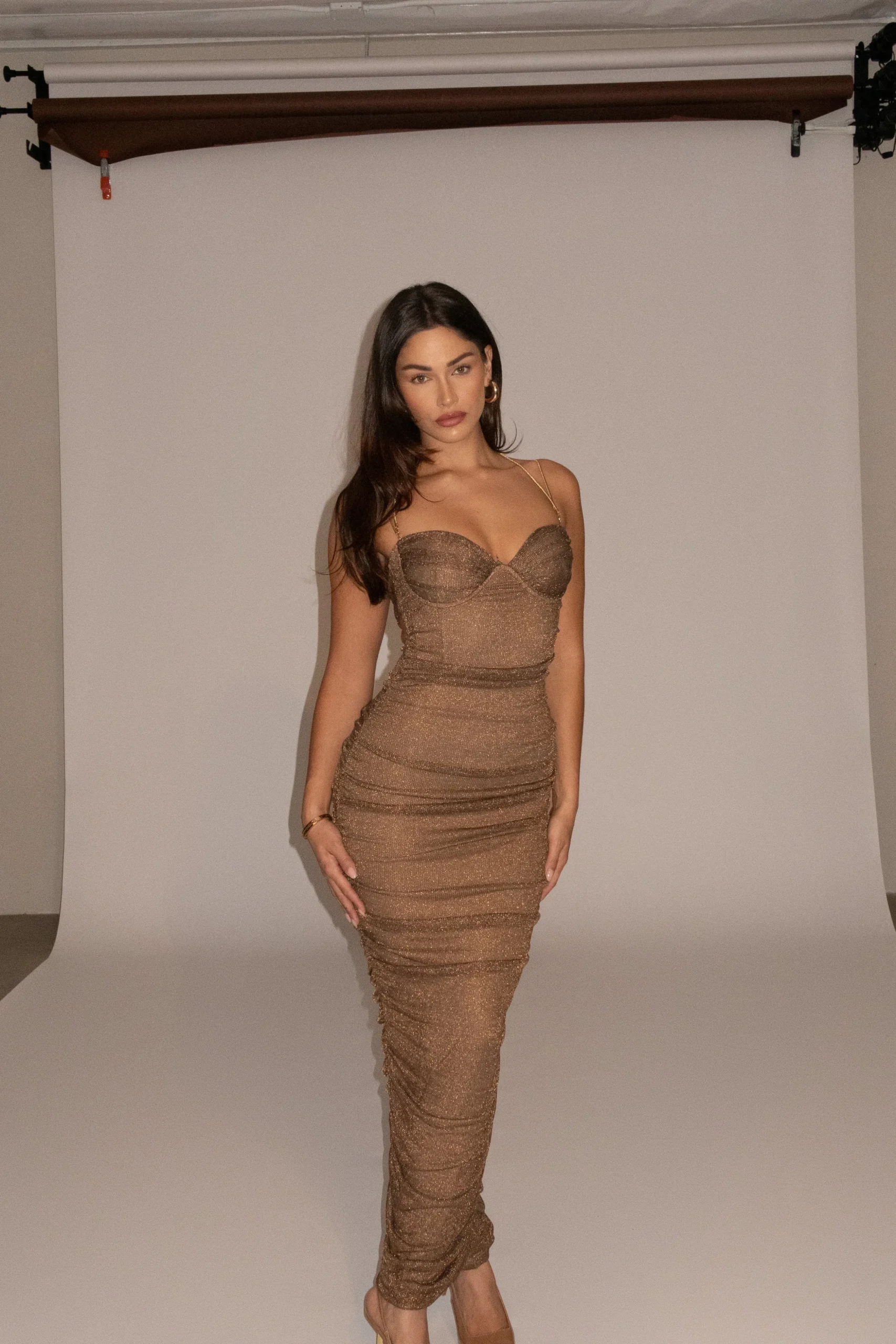 Bronze Ruched Metallic Maxi Dress