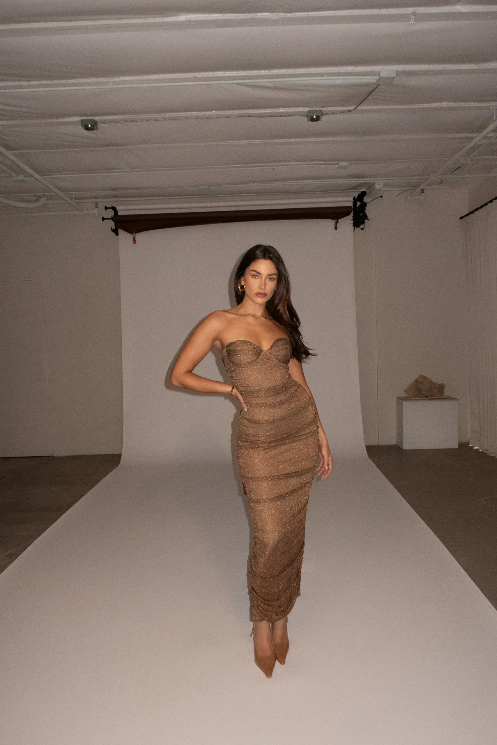 Bronze Ruched Metallic Maxi Dress