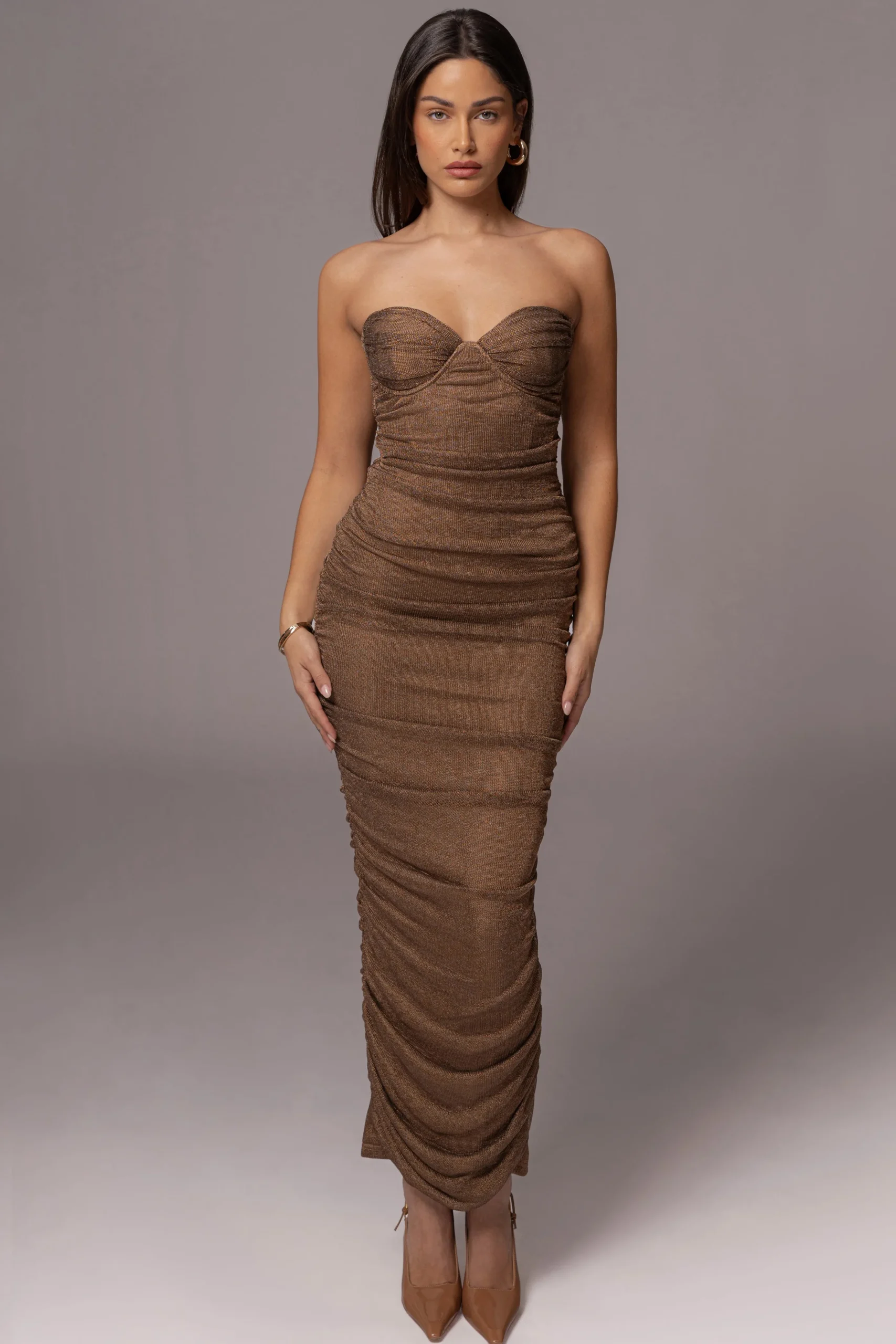 Bronze Ruched Metallic Maxi Dress