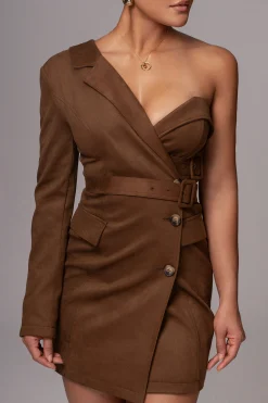 Chocolate One Shoulder Suede Blazer Dress