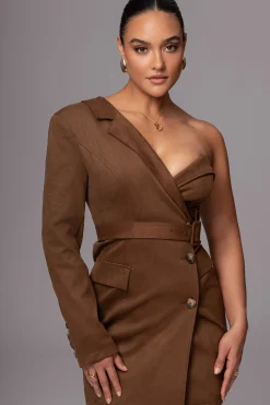 Chocolate One Shoulder Suede Blazer Dress