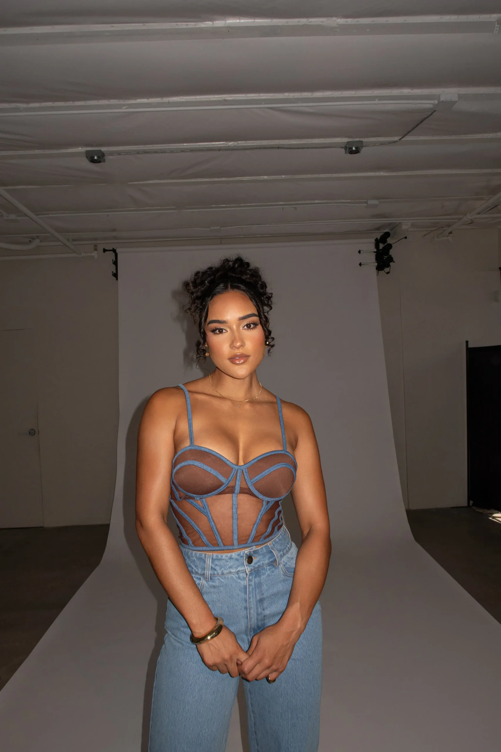 Dark Denim Illusion Mesh Bustier