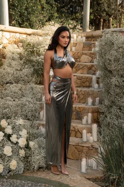 Gold METALLIC NEW AGE TWO PIECE SKIRT SET