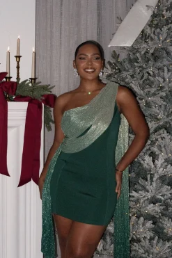 Green Asymmetric Drape Mini Dress