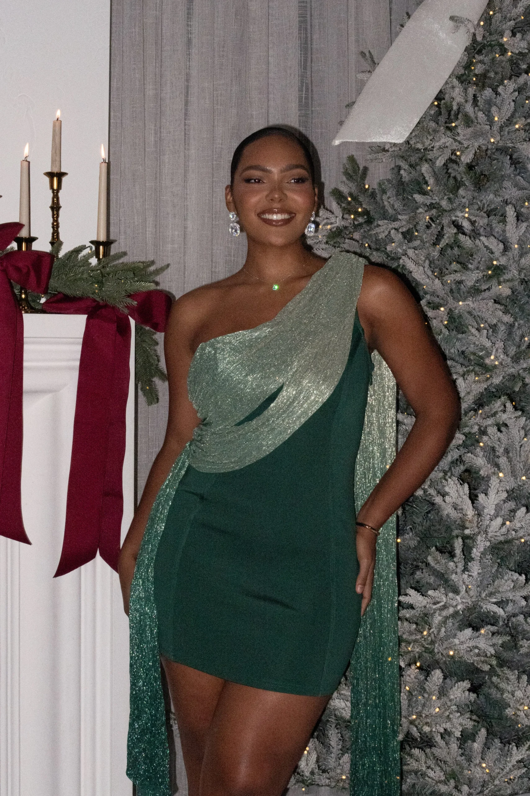 Green Asymmetric Drape Mini Dress