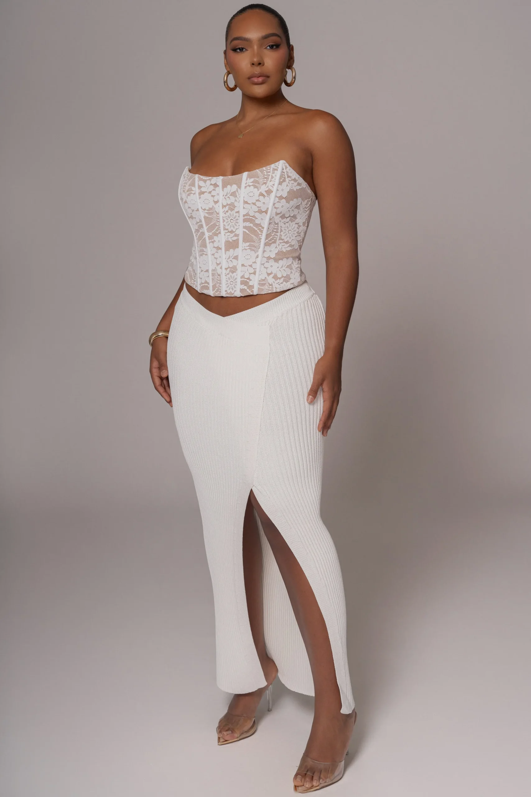 Ivory Hamptons Ribbed Slit Skirt