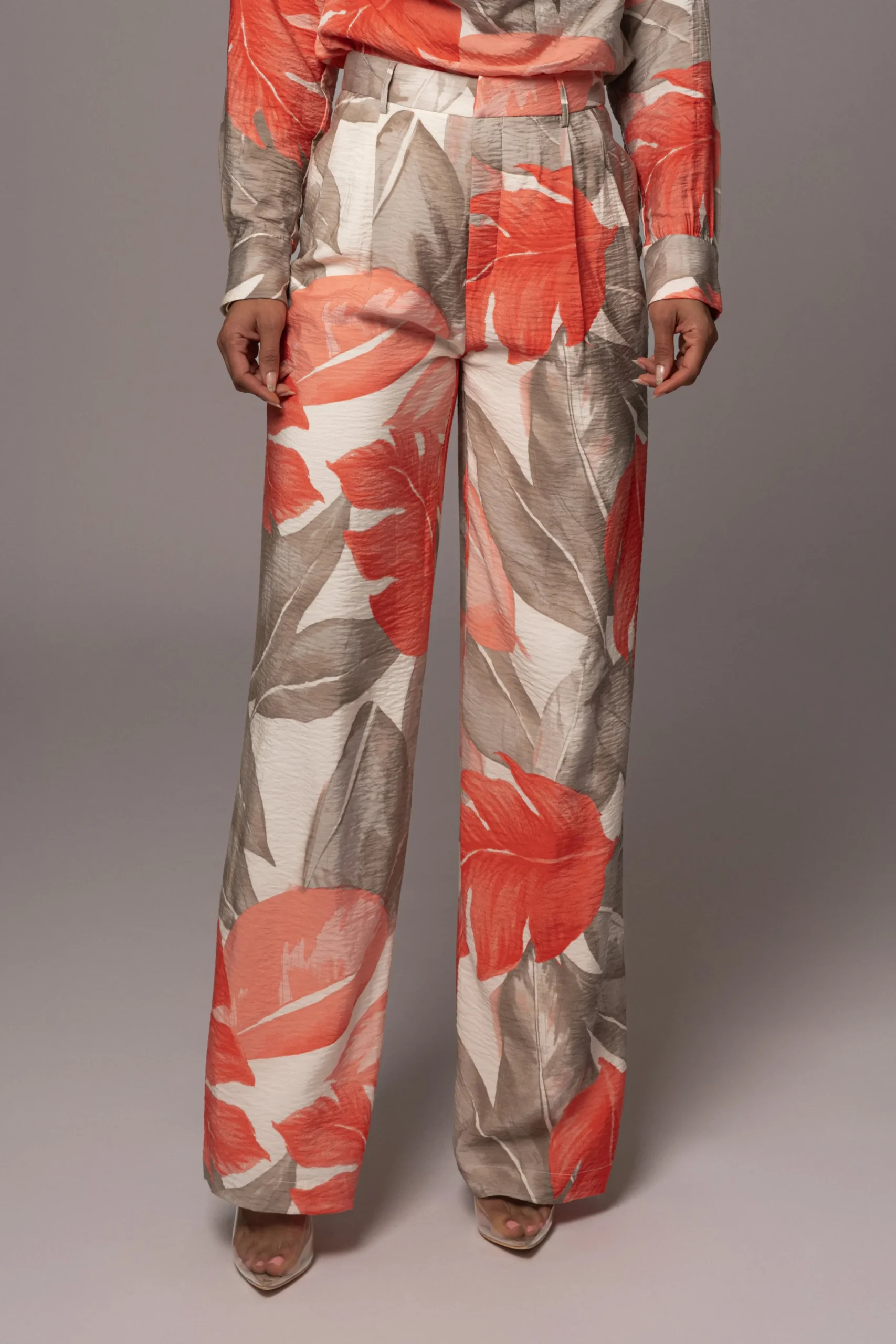 Ivory Palm Print Drew Crinkled Trousers