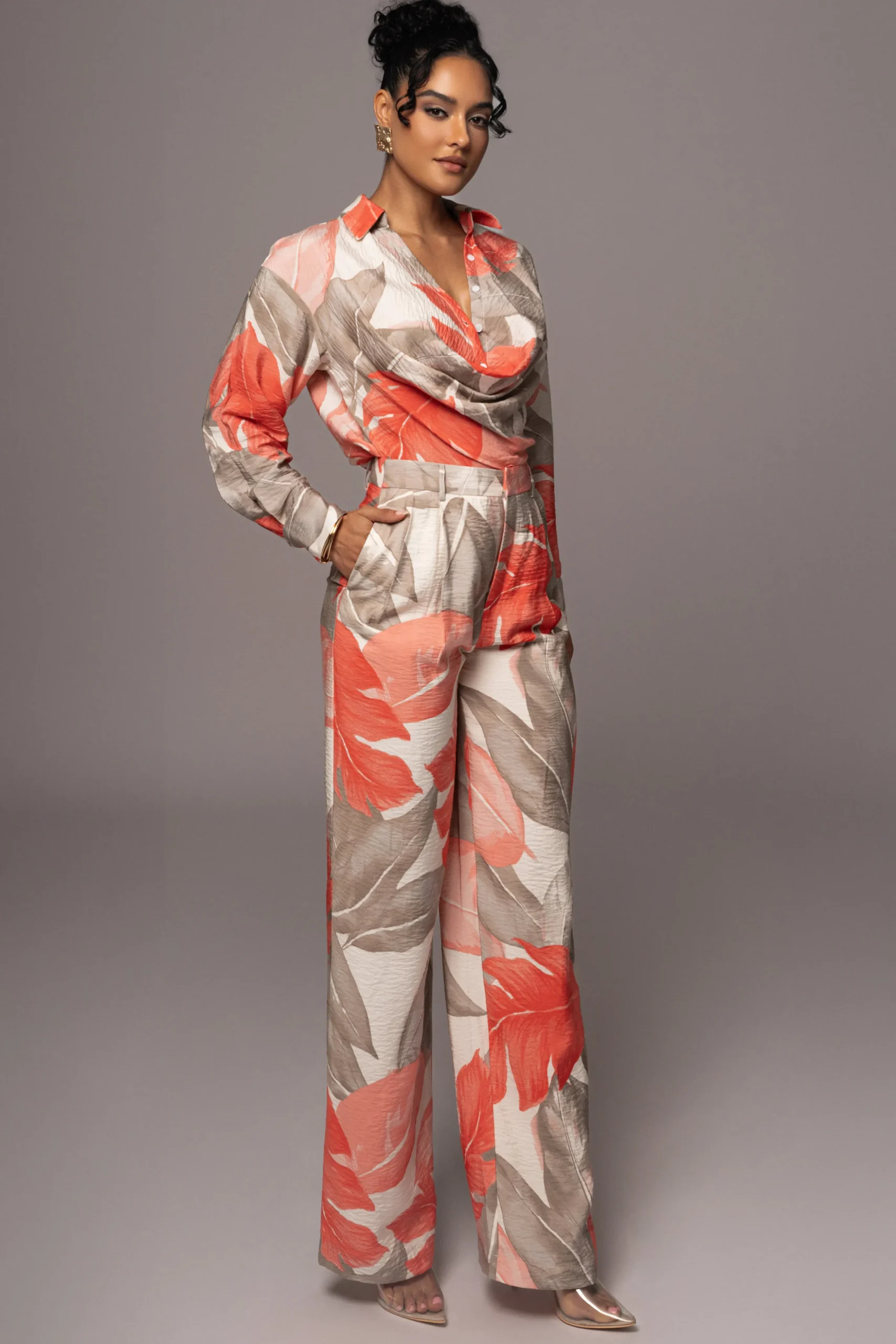 Ivory Palm Print Drew Crinkled Trousers