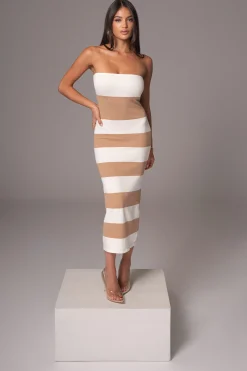 Ivory/Beige Striped Strapless Midi Dress