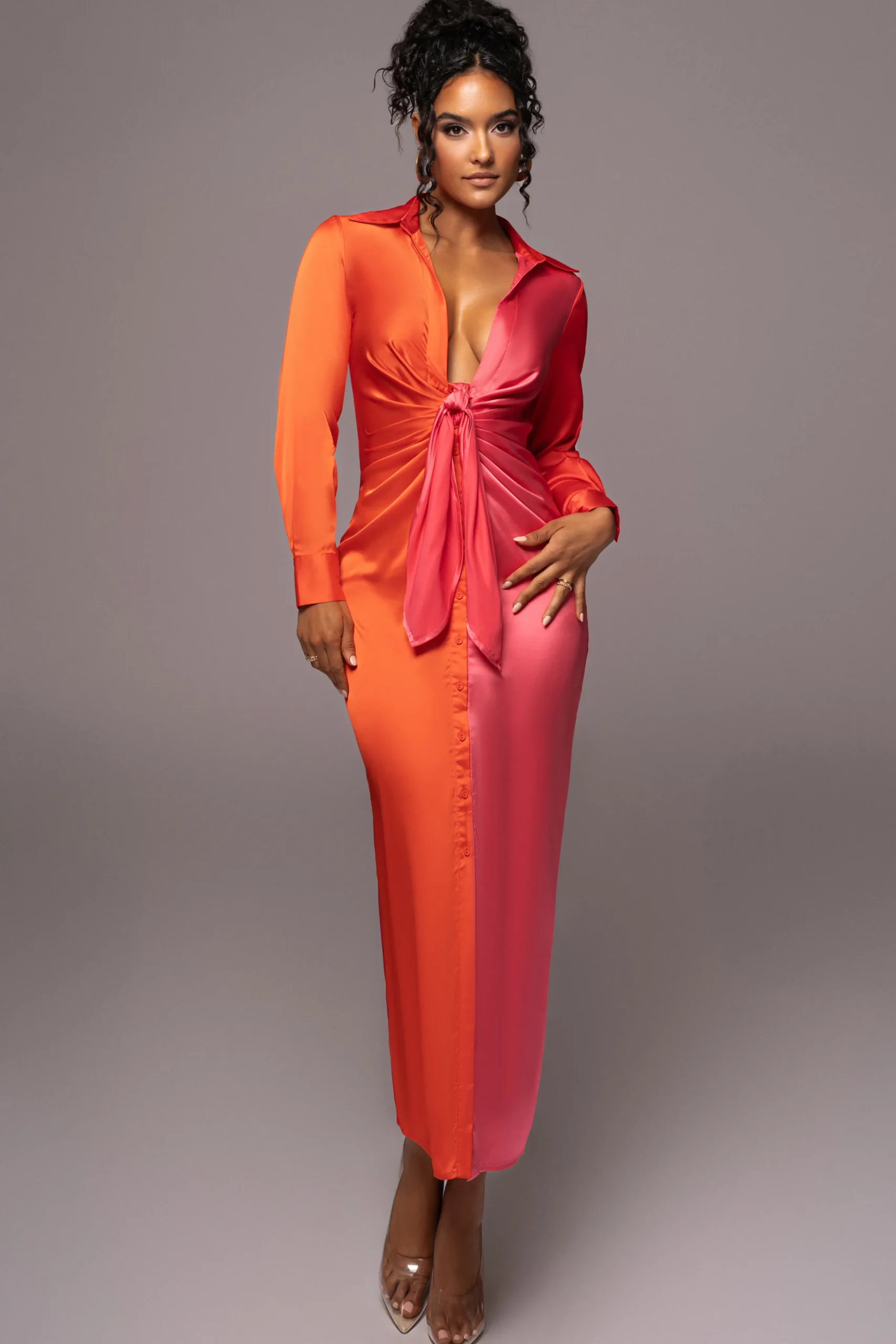 Pink Color Block Satin Midi Dress