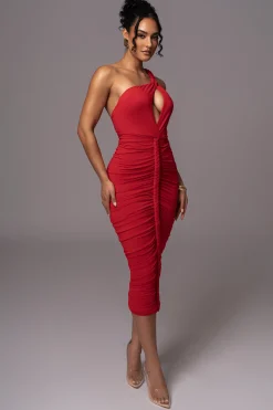 Red Jess Ruched Midi Dress