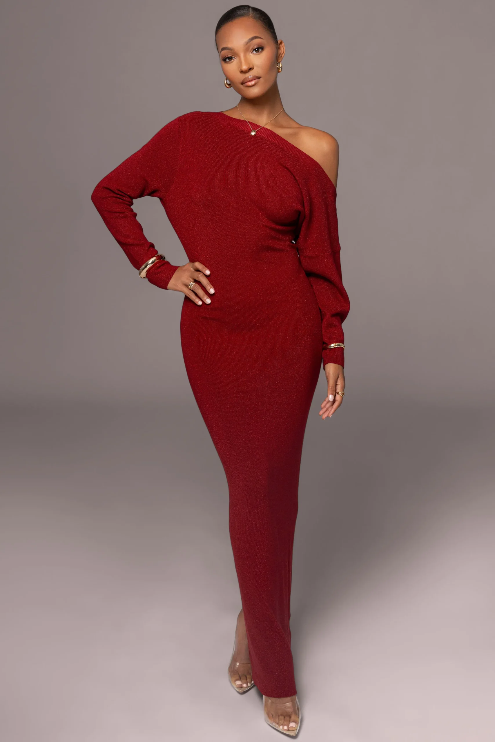 Red Night Shimmers Asymmetrical Maxi Dress