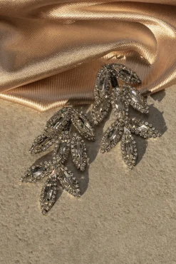 Silver Rhinestone Leaf Earrings