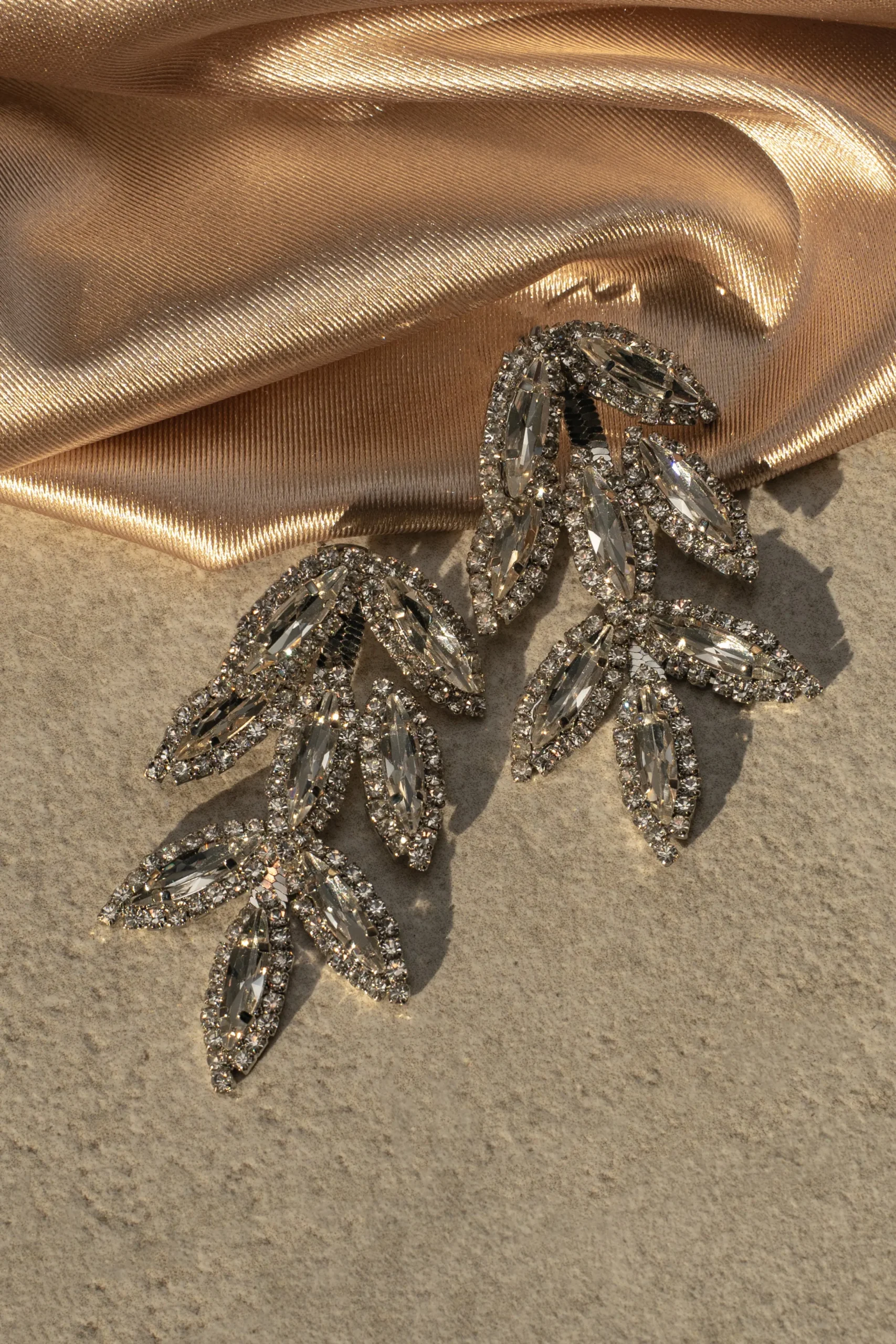 Silver Rhinestone Leaf Earrings