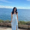 Sky Blue Noelia Linen Slit Skirt