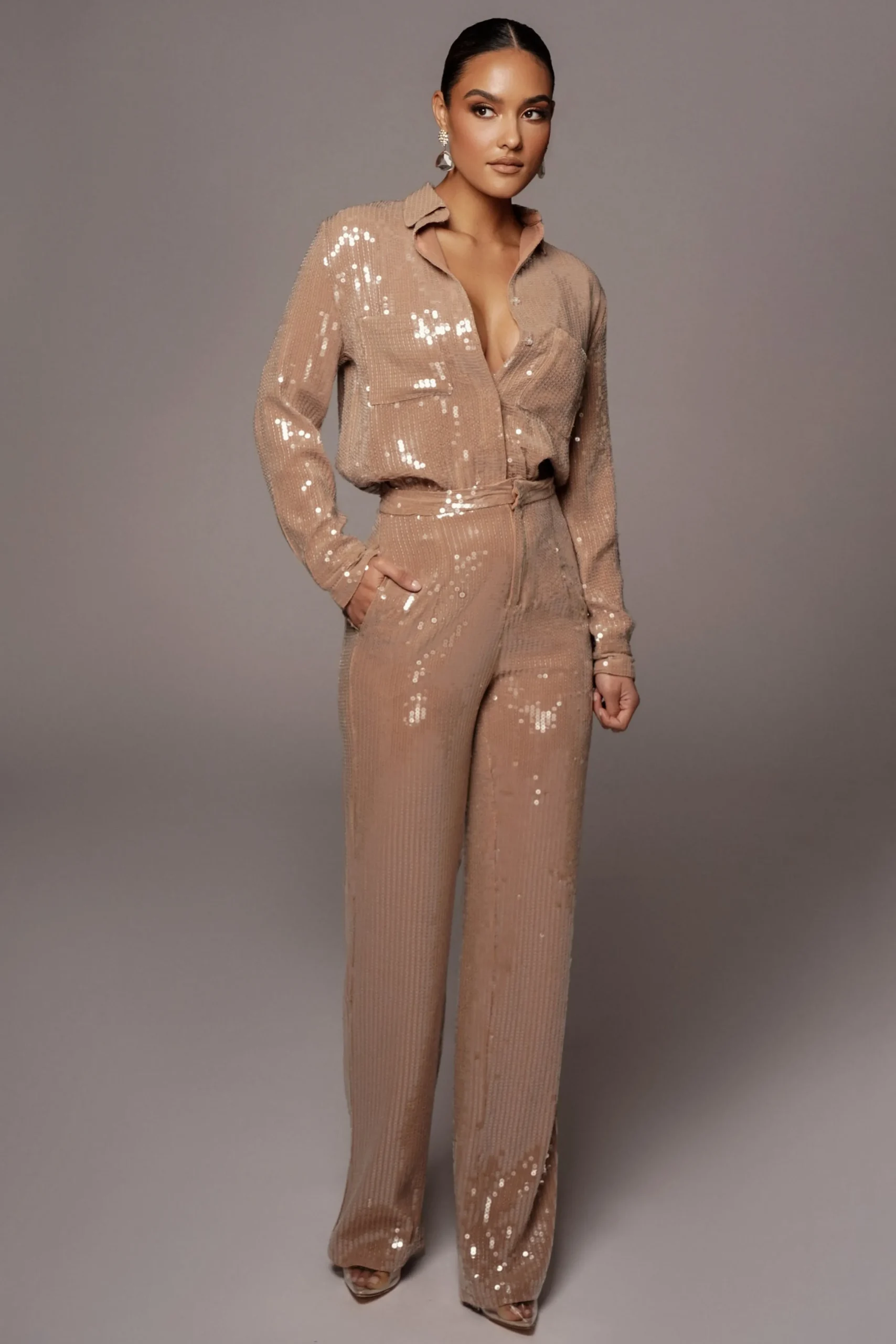 Tan Baguette Sequin Button Up