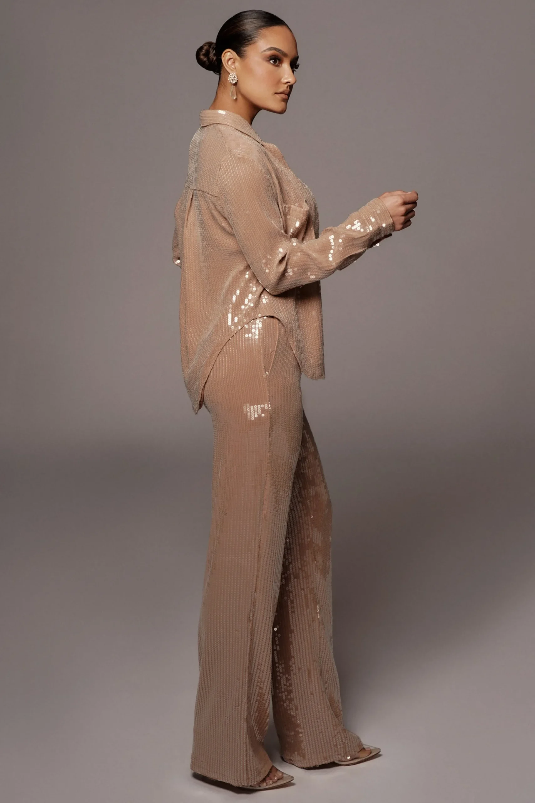 Tan Baguette Sequin Button Up