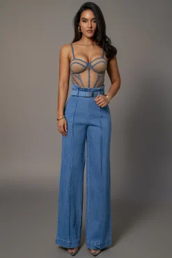 Tan Denim Illusion Mesh Bustier