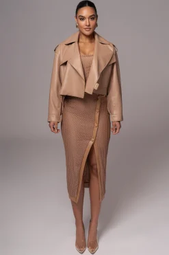 Tan Textured Mystique Midi Skirt
