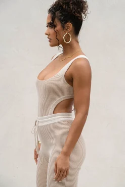 Taupe/White Deana Ribbed Bodysuit