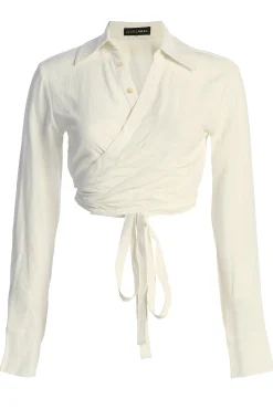 White Drift Away Linen Wrap Top