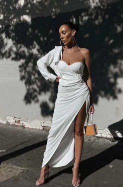 White Evita Linen Draped Dress