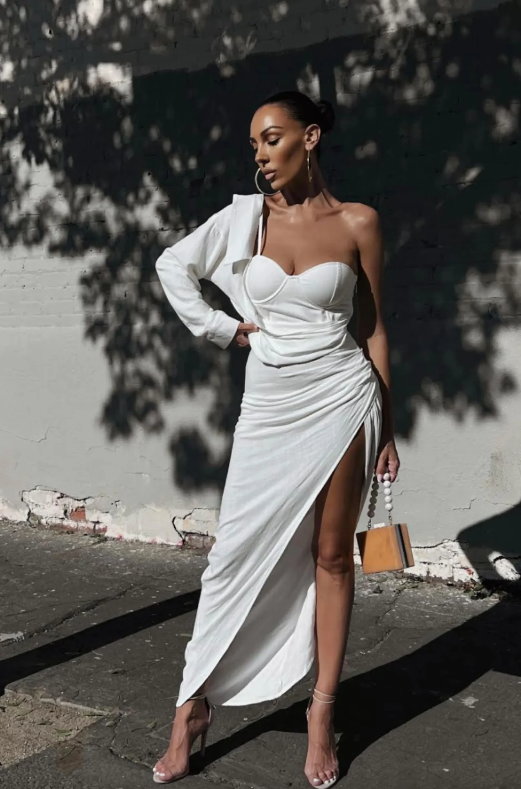 White Evita Linen Draped Dress