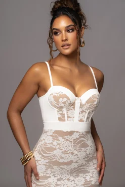 White Mesh and Lace Bustier Midi Dress